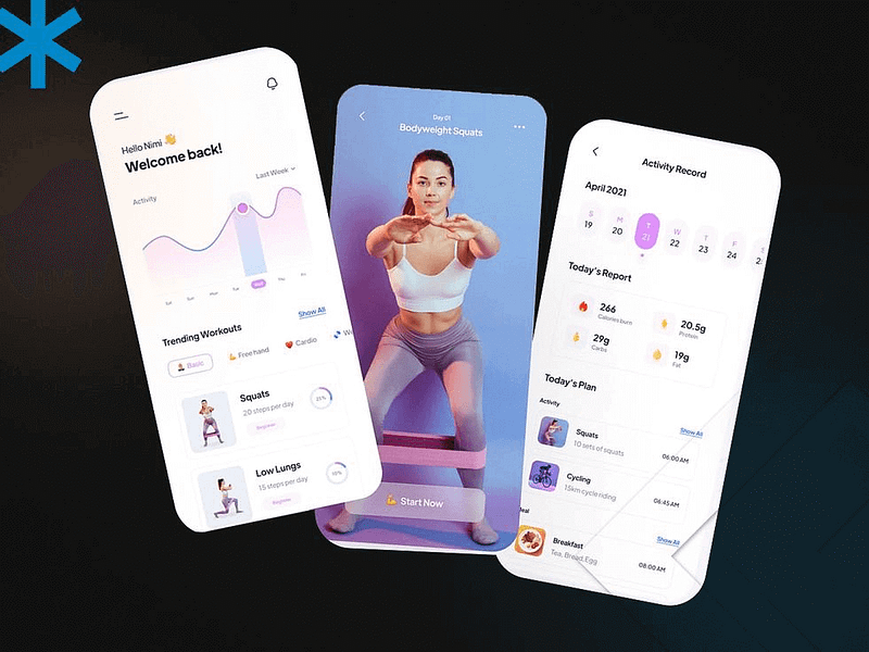 The pages of a fitness app